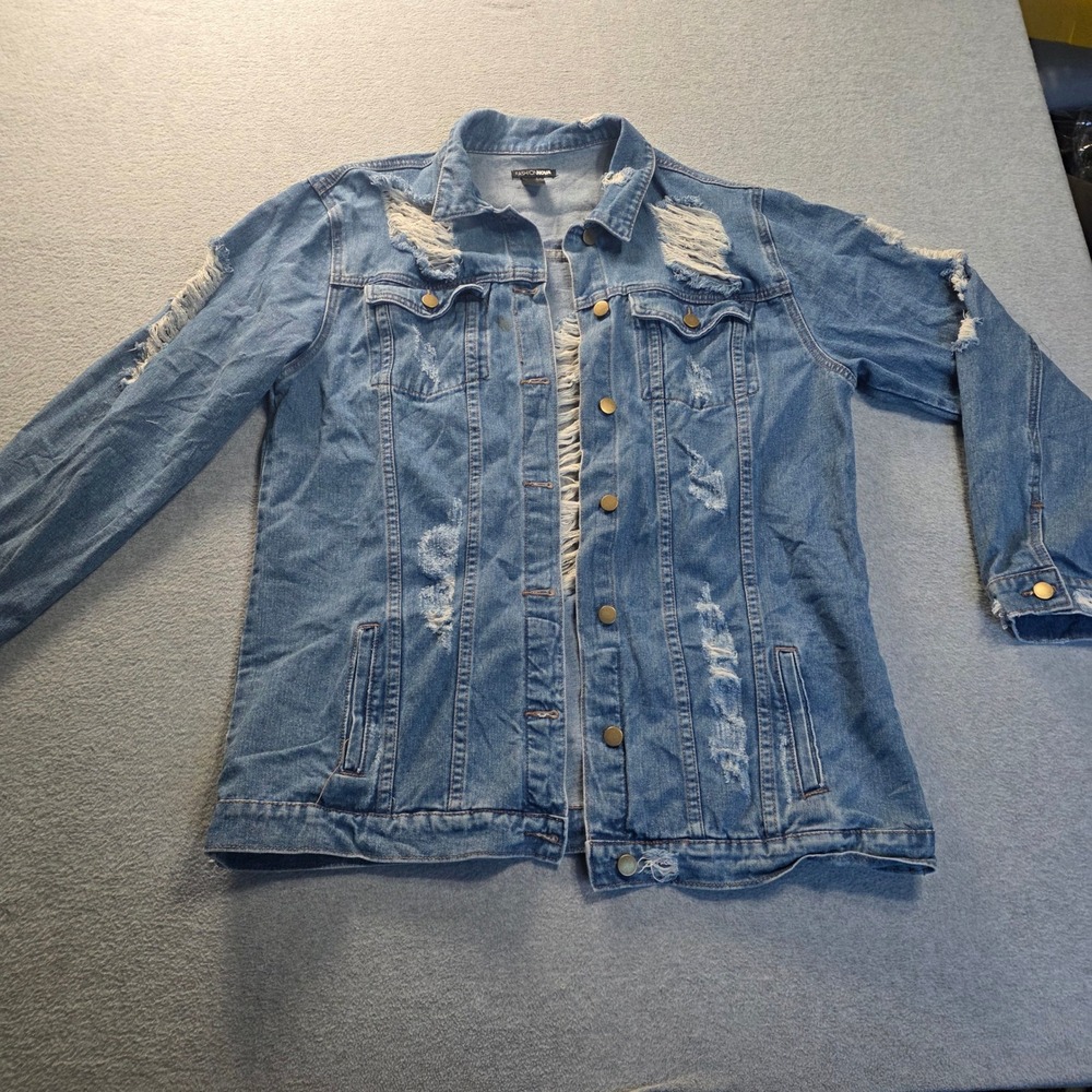 Fashion Nova Trucker Jean Jacket Ripped Womens 1X Distressed Blue Denim Y2K